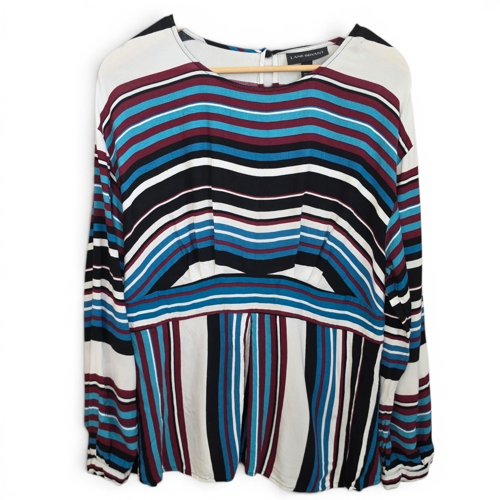 Lane Bryant Top Womens Plus 14/16 Blue Striped Keyhole Button Long Sleeve Blouse